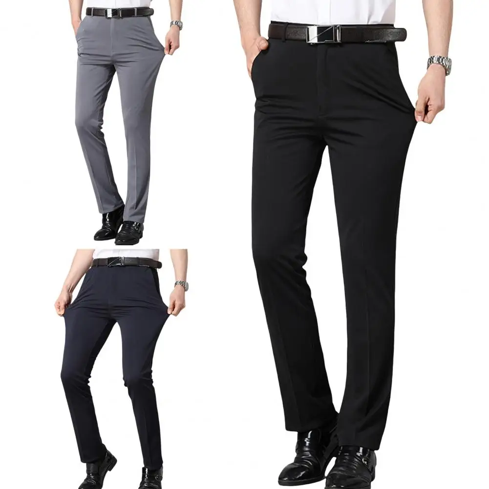 

Slim Fit Men Suit Pants Straight Formal Business Style Pants Button Zipper Closure Stretchy Pockets Office Wear Long Trousers