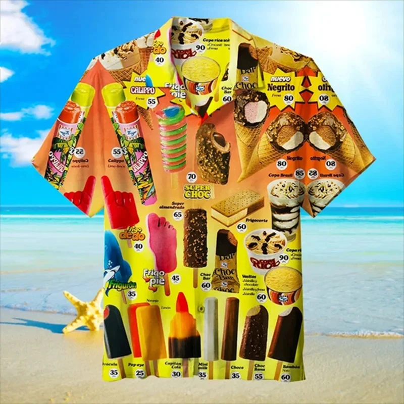 

Новый дизайн, модные крутые модные рубашки с 3D-принтом мороженого, пляжные женские топы, женская блузка с коротким рукавом и отворотом