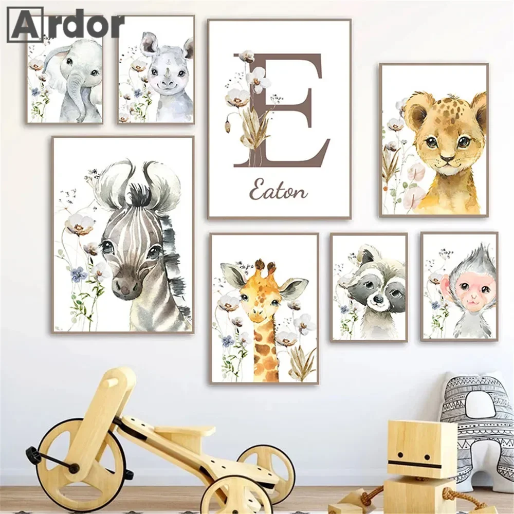 

Custom Name Poster Giraffe Print Pictures Lion Canvas Painting Jungle Animals Elephant Wall Art Nursery Posters Baby Room Decor