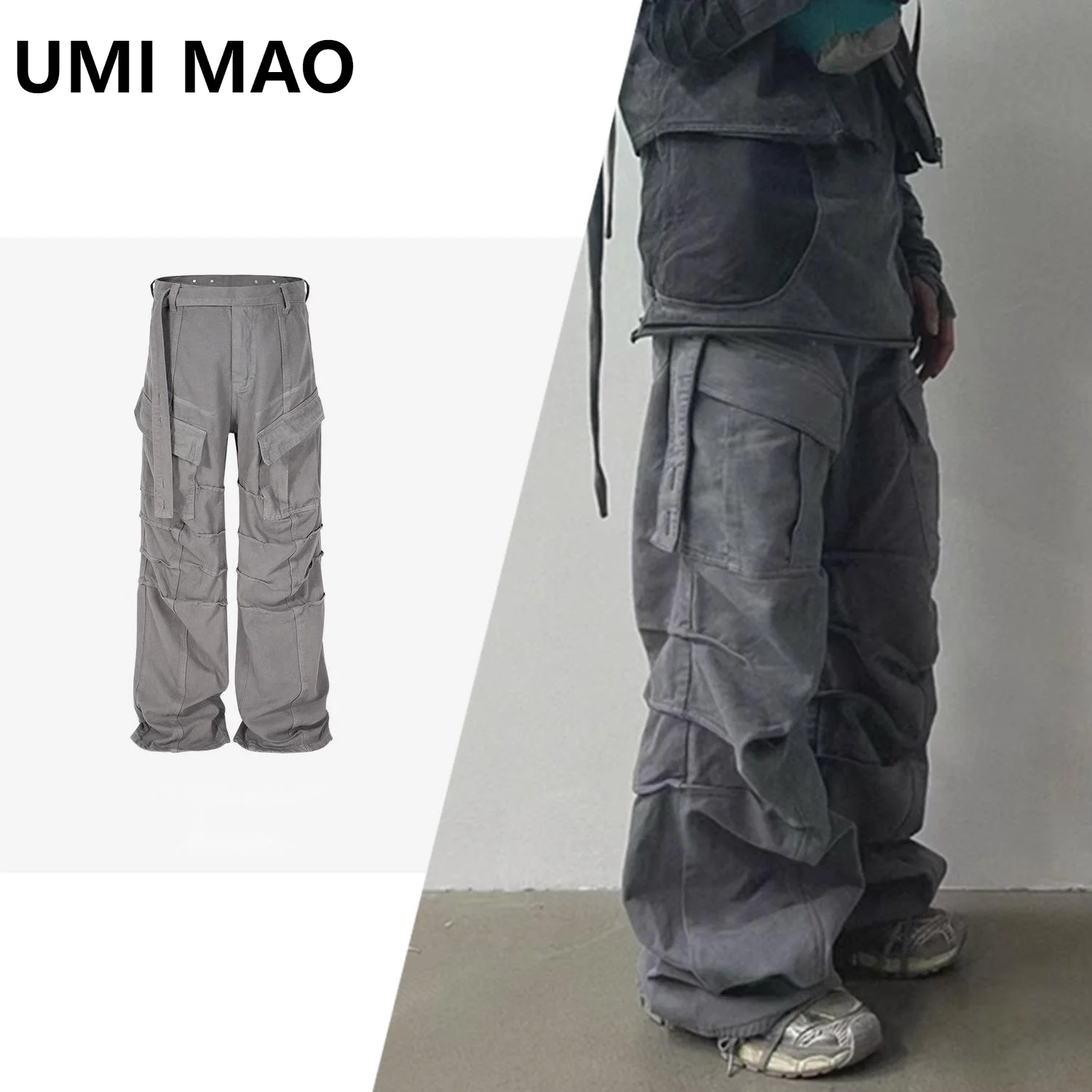 

UMI MAO Men Women Niche Wrinkled Pockets Washed Pleated Buttons Casual Loose Fitting Straight Tube Workwear Vintage Gray Jeans