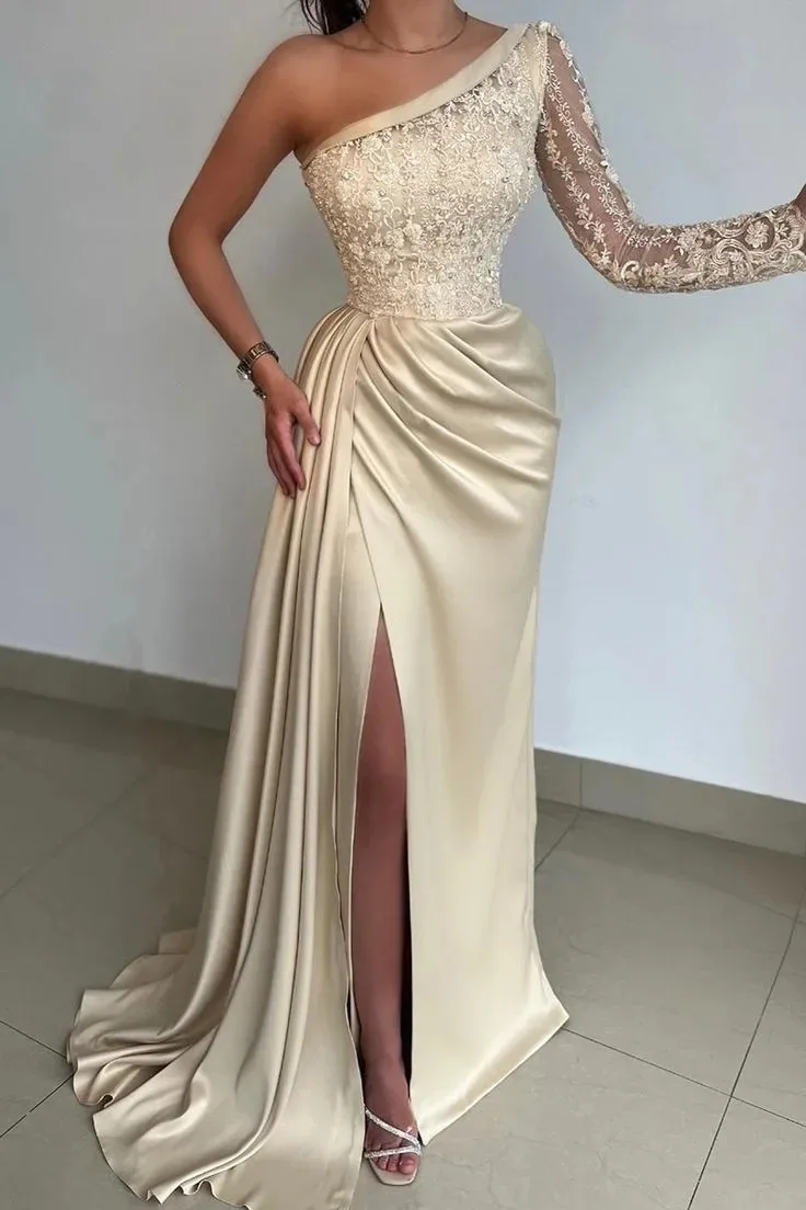 

Женское вечернее платье с юбкой годе, кружевное платье цвета шампанского с одним открытым плечом, длинным рукавом и бусинами, платье для выпускного вечера с высоким разрезом, 2024
