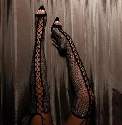 

Sexy Black Fishnet Crystal Rhinestone Air Mesh Cuts Out Gladiator Pointed Peep Toe Stiletto Heels Lace Up Over The Knee Boots