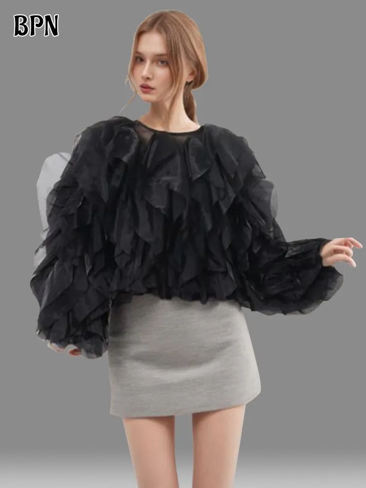 BPN Elegant Soild Party Blouses For Women Round Neck Long Sleeve Patchwork Ruffle Loose Temperament Shirts Female Clothing New
BPN Elegant Soild Party Blouses For Women Round Neck Long Sleeve Patchwork Ruffle Loose Temperament Shirts Female Clothing New