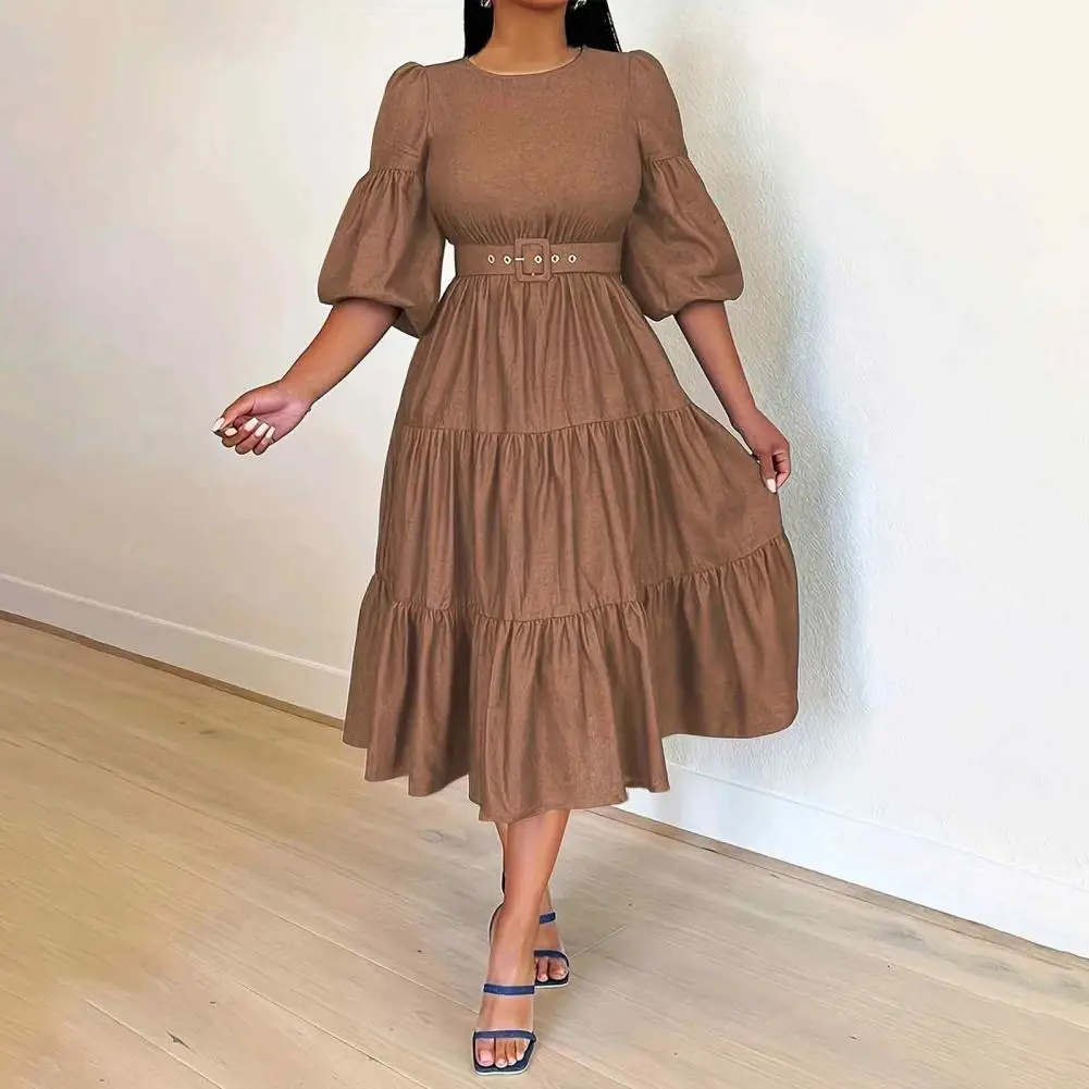 

Round Neck Dress Elegant A-line Midi Dress with Puff Sleeves Belted Waist Soft Patchwork Pleats for Women Loose Waistline Dress