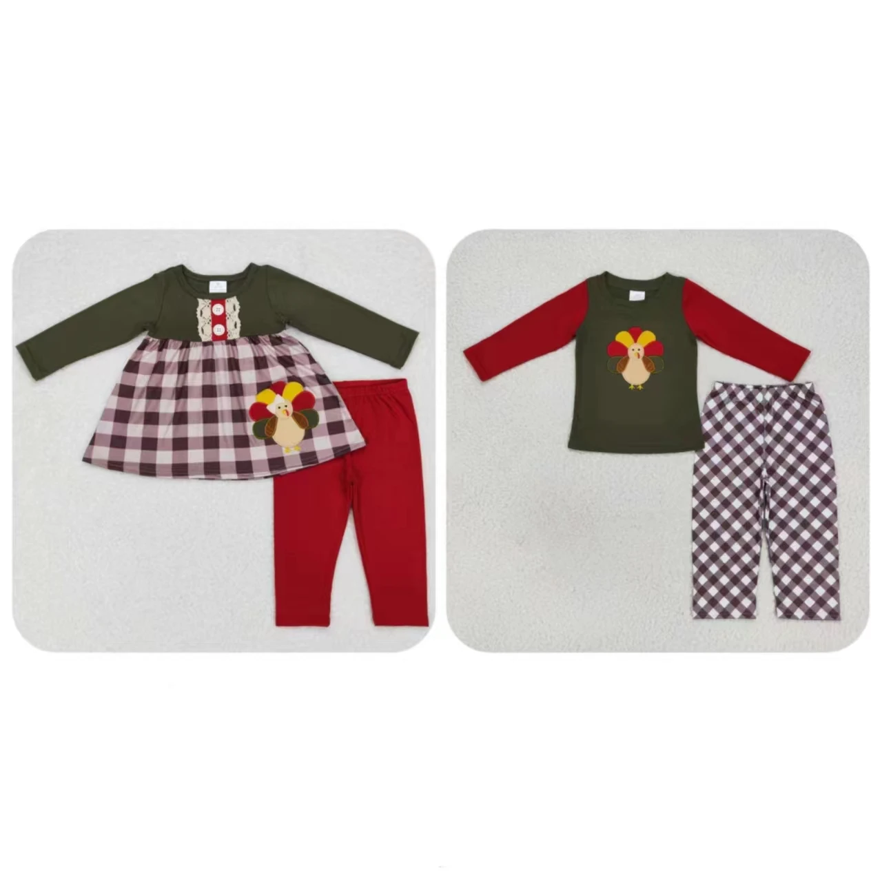 

Wholesale Kids Toddler Thanksgiving Outfit Baby Girl Cotton Long Sleeves Embroidery turkey Plaid Tops Pants Infant Children Set