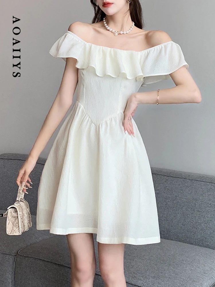 

Aoaiiys Mini Dress for Women Dresses 2023 Summer Chic Slim High Waisted Ruffles Slash Neck Dress Above Knee, Mini Casual Dresses