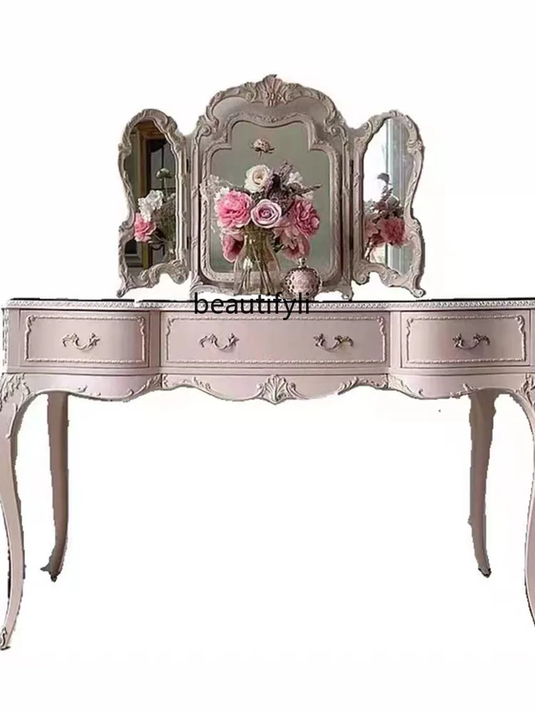 French Entry Lux Pink Dressing Table European Retro Distressed Solid Wood Carved Dressing Table Dressing Stool Combination 
French Entry Lux Pink Dressing Table European Retro Distressed Solid Wood Carved Dressing Table Dressing Stool Combination