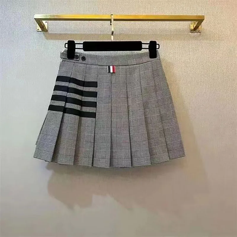 

Women's High Waist Zipper Button Pleated Skirt Checkered Stripe Spliced Office Short Mini Skirt Lady Summer Fashion New TB 2024