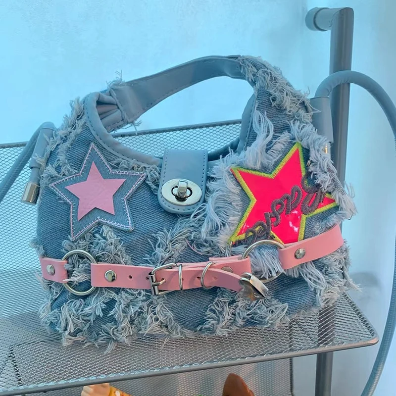 Y2K Hot Girl Style Pink five pointed star stickers design raw denim blue diagonal Single Shoulder Handbag lazy wandering 2023
Y2K Hot Girl Style Pink five pointed star stickers design raw denim blue diagonal Single Shoulder Handbag lazy wandering 2023