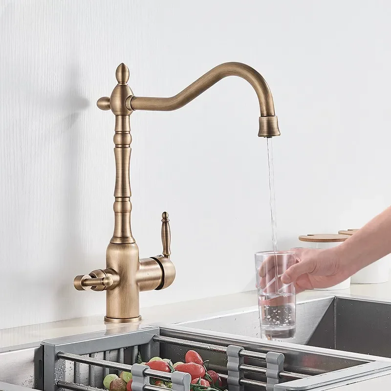 

Antique Brass Filtered Kitchen Faucet Purify Faucets Mixer Tap Hot Cold Water 360 Rotation Purification Crane