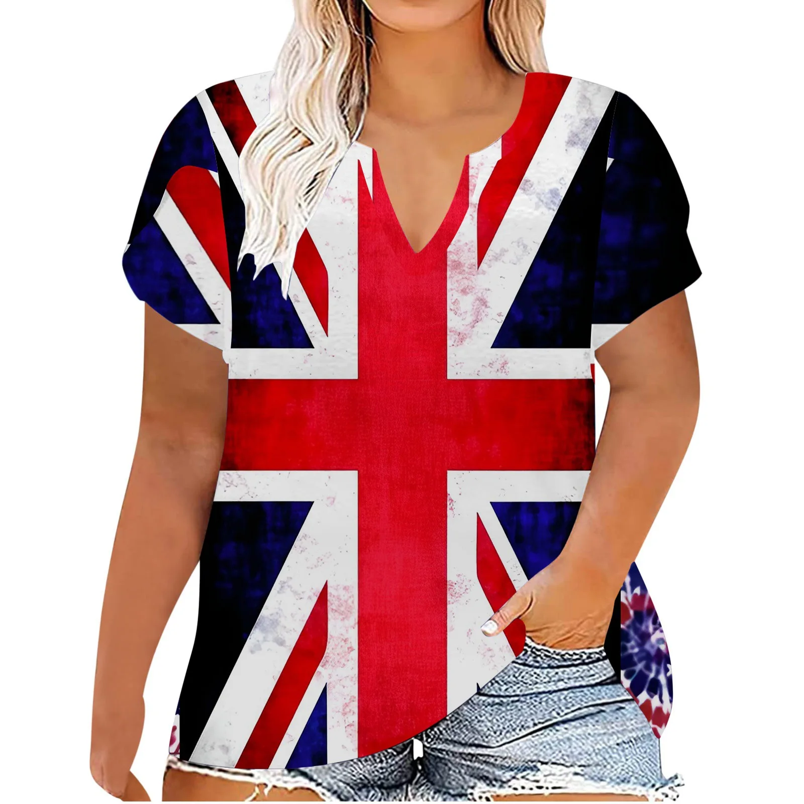 

Wepbel Women's Summer Tshirts Top Short Sleeve Coat Fashion Casual T-shirt Loose Flag Printing V-neck Tshirts