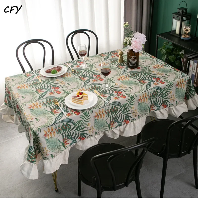 

Cotton Linen European Floral Ruffled Rectangular Tablecloth Coffee Desks Cover for Dining Table Wedding Decor