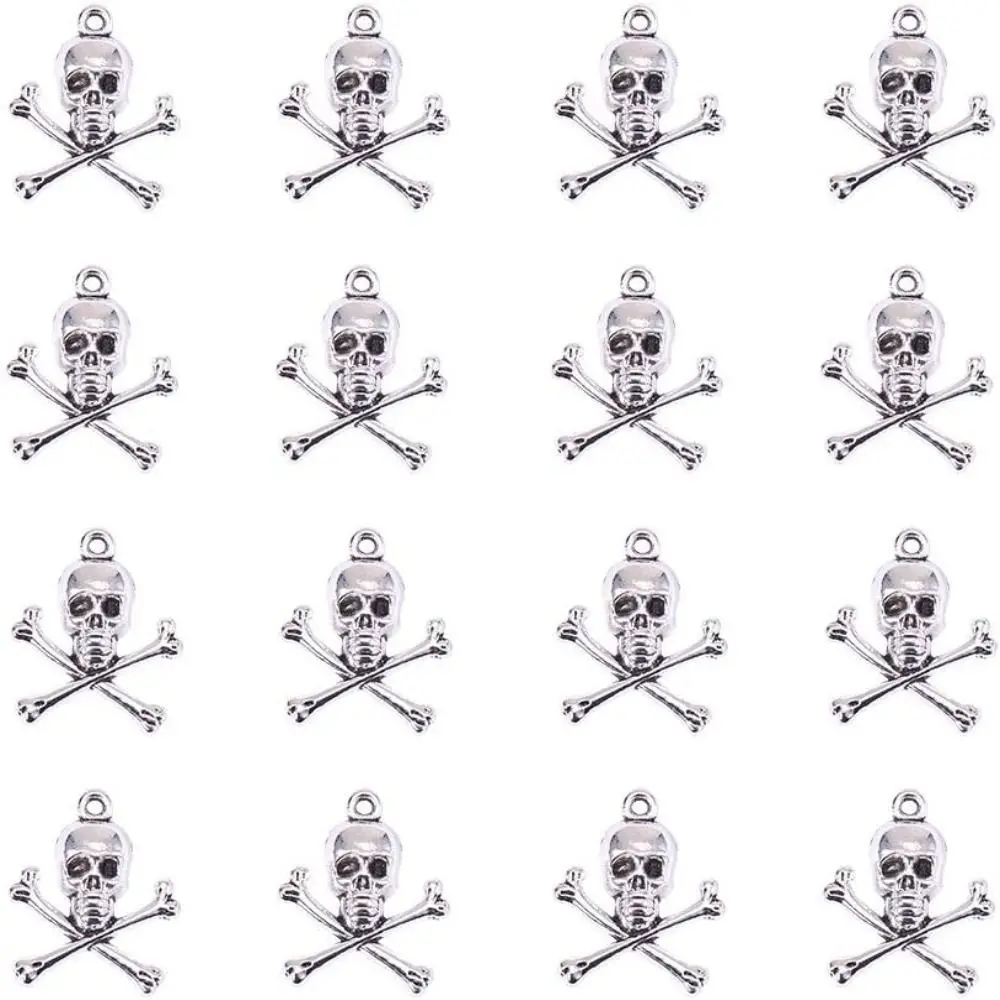 

Antique Silver Pirate Style Skull Pendant 24*20mm Alloy Skeleton Head Charms Halloween Pendants For Jewelry Making