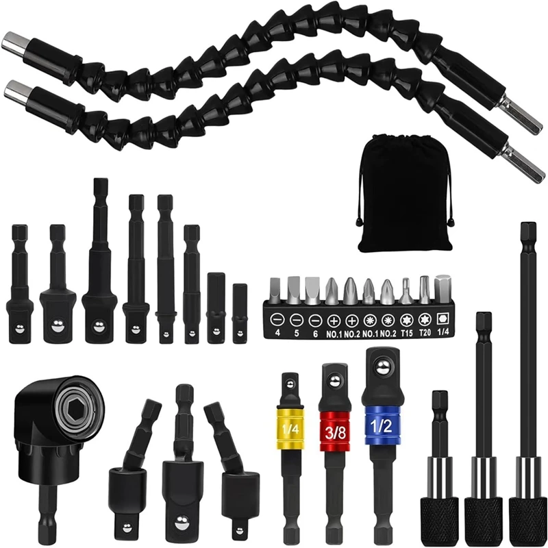 31 Pcs Flexible Drill Bit Extension Set, 105° Right Angle Drill Attachment, Rotatable Joint Socket ,Hex Socket Adapter Durable
31 Pcs Flexible Drill Bit Extension Set, 105° Right Angle Drill Attachment, Rotatable Joint Socket ,Hex Socket Adapter Durable