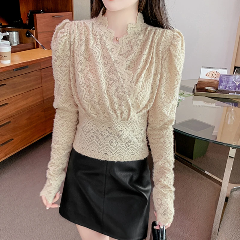 

Sweet Crochet Pleated Cross White Shirt Autumn V-Neck Women Tops Elegant Puff Long Sleeve Lace Blouse Lady Blusas Mujer 23755