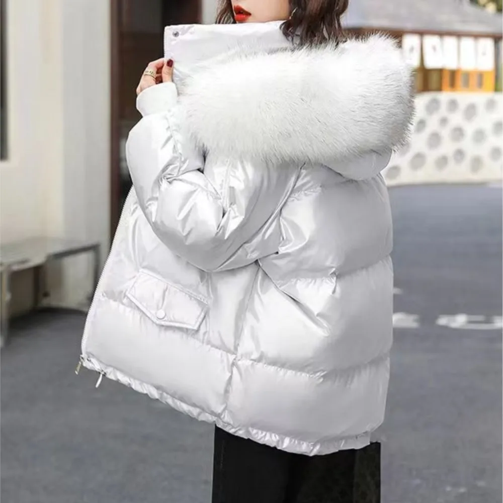 

PERITANG Faux Fur Coat Natural Fox Fur Collar Winter Jacket Women Loose Short Down White Duck Down Jacket Thick Warm Down Parka