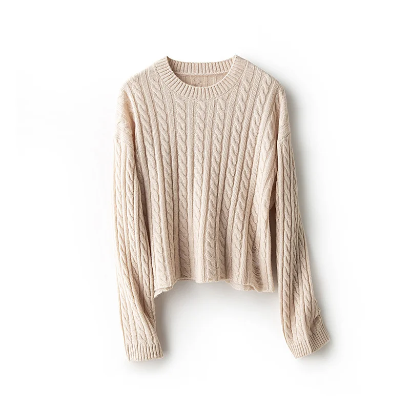 2023 Autumn 100% Merino Wool Short Twist Sweater Women Round Neck Soft Hole Knitted Tops
2023 Autumn 100% Merino Wool Short Twist Sweater Women Round Neck Soft Hole Knitted Tops
