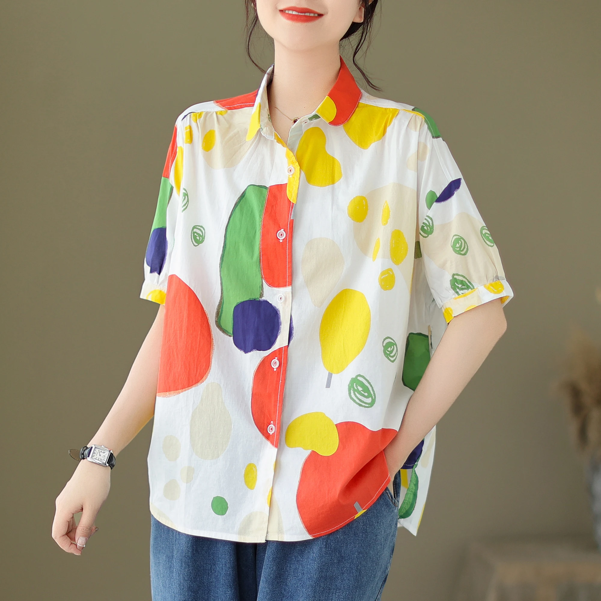 799 Summer Fashion Graffiti Shirts For Women Lapel Short Sleeve Casual Loose T-Shirts Personality New Design Female Blouse Tops
799 Summer Fashion Graffiti Shirts For Women Lapel Short Sleeve Casual Loose T-Shirts Personality New Design Female Blouse Tops