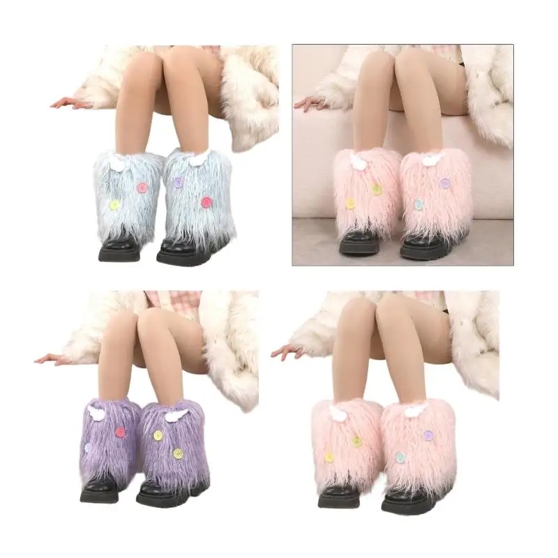 

Women Japanese Furry Short Leg Warmer Sock Winter Warm Punk Colorful Buttons Anime Fuzzy Boot Cuffs Leg Cover