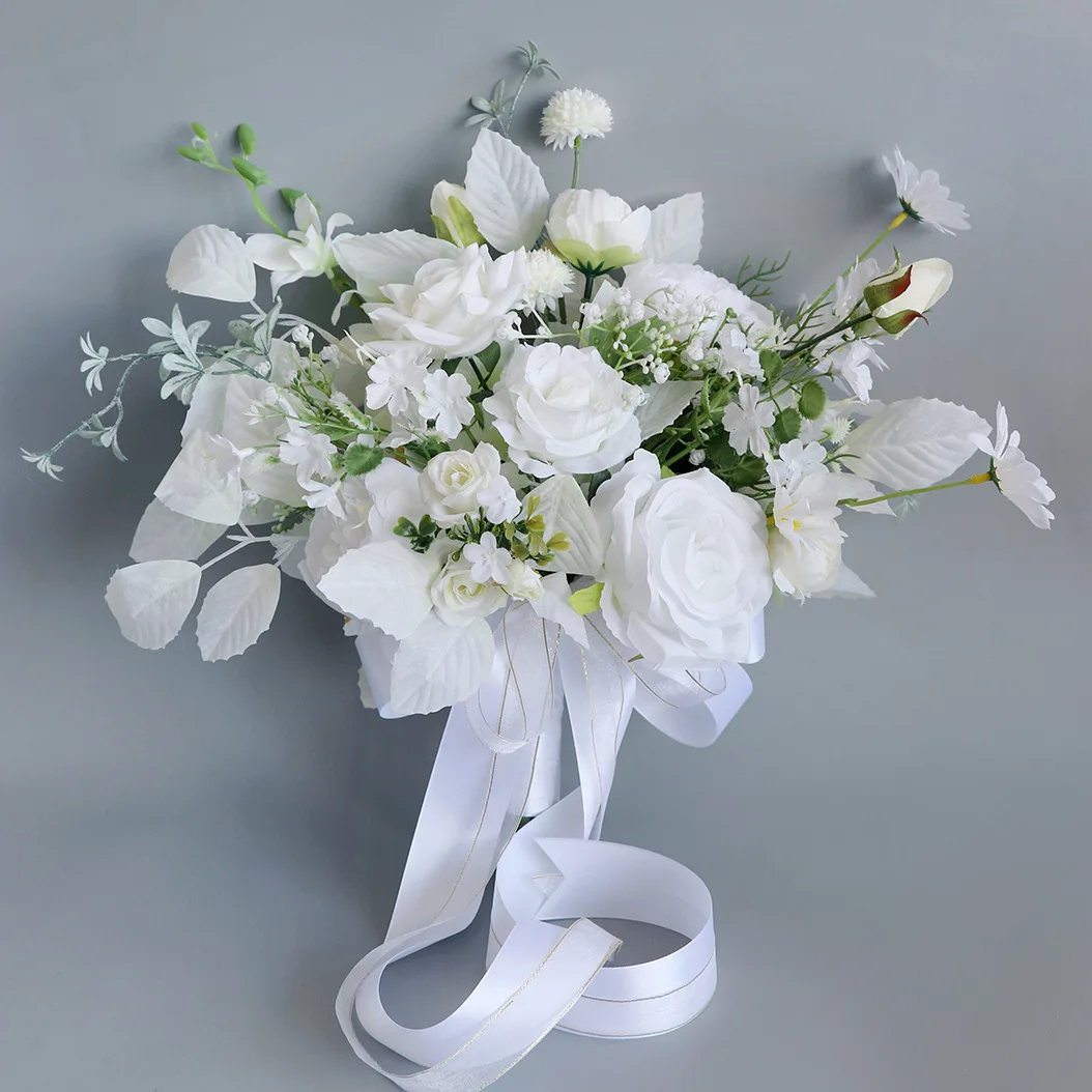 

White Wedding Bouquet Bride Bridesmaid Holding Flowers Silk Ribbon Roses Artificial Flower Mariage Bouquet Wedding Accessories