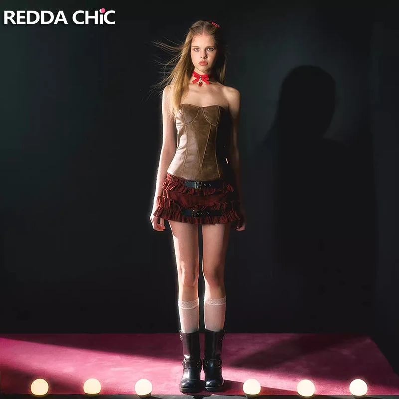 

ReddaChic Goth Red Tie Dye Mini Cake Skirt Women Grunge Y2k Ruffle Frill Trim Belt Decor Low Rise Pleated Skirt Vintage Clothes