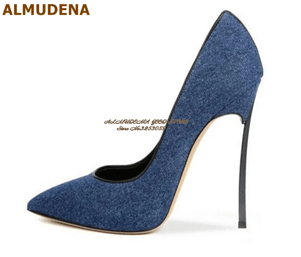 ALMUDENA Metallic Blade Heel Blue Denim Dress Shoes Pointed Toe Shallow Banquet Pumps Slip-On Jeans Party Shoes
ALMUDENA Metallic Blade Heel Blue Denim Dress Shoes Pointed Toe Shallow Banquet Pumps Slip-On Jeans Party Shoes