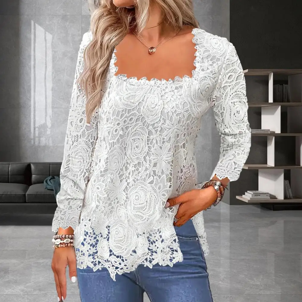 Women Spring Shirt Square Neck Hollow Out Lace Long Sleeve Solid Color Soft Loose Breathable Pullover Lady T-shirt
Women Spring Shirt Square Neck Hollow Out Lace Long Sleeve Solid Color Soft Loose Breathable Pullover Lady T-shirt