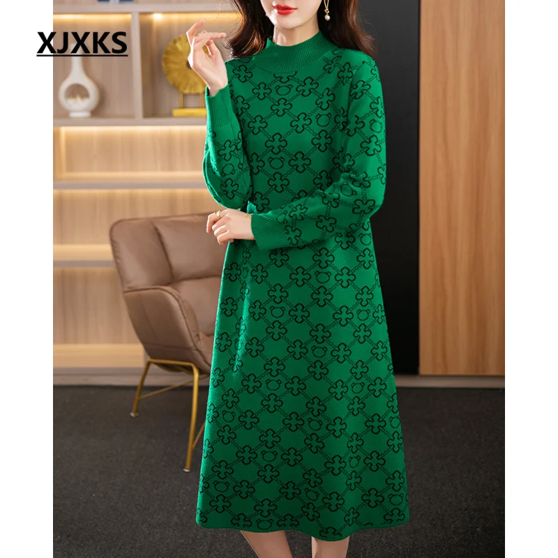 XJXKS 2022 Autumn Winter New Women's Half High Neck Dress Comfortable Wool Knitted Long Pullover Ladies Sweater Vestidos
XJXKS 2022 Autumn Winter New Women's Half High Neck Dress Comfortable Wool Knitted Long Pullover Ladies Sweater Vestidos