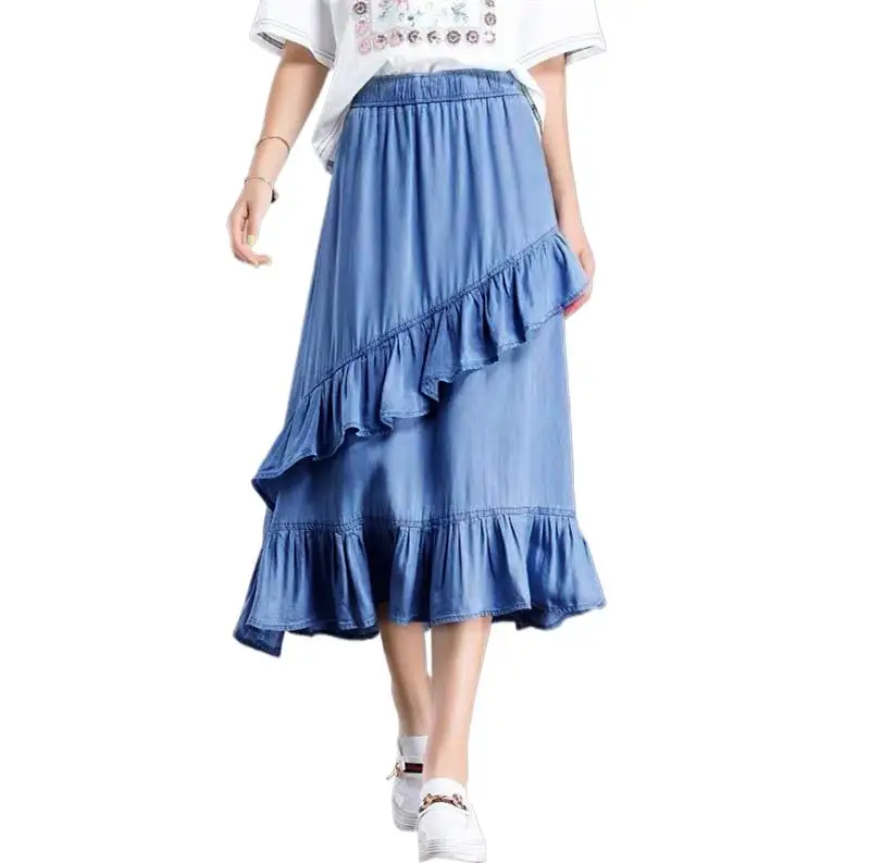 

2022 Summer Denim Skirts Ruffles Asymmetrical Elegant Midi Skirt black blue High Waist Autunm cotton skirts jeans