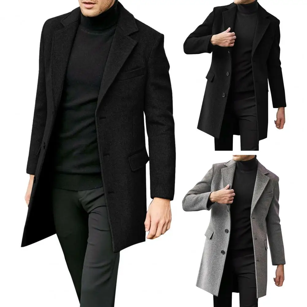 

1 шт. теплый мужской зимний костюм, пальто, блейзер с отложным воротником, карманами и длинными рукавами, однобортная куртка средней длины, пальто для повседневной носки