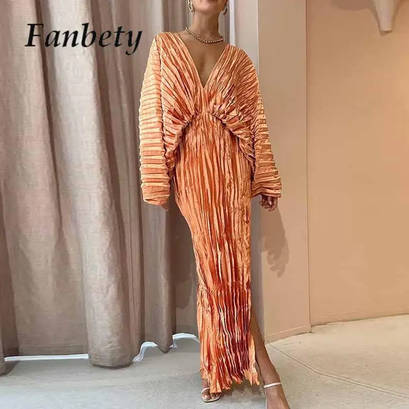 Solid Color Party Evening Maxi Dress Sexy Loose Pleated Backless Women's Dresses Autumn V-Neck Batwing Sleeve Split Beach Dress 
Solid Color Party Evening Maxi Dress Sexy Loose Pleated Backless Women's Dresses Autumn V-Neck Batwing Sleeve Split Beach Dress