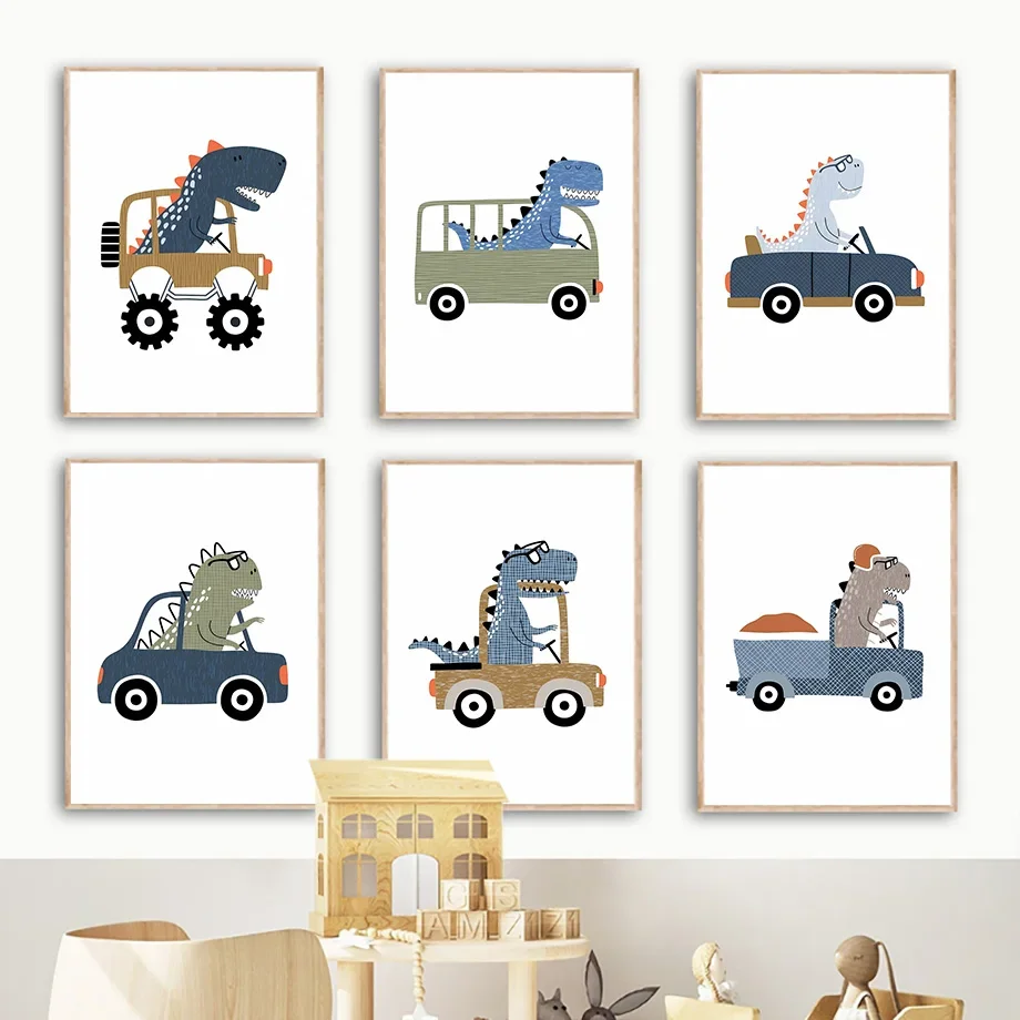 

Boho Cartoon Dinosaur Driver Car Nursery Posters And Prints Animal Wall Art Canvas Painting Pictures Kids Room Boy Bedroom Decor