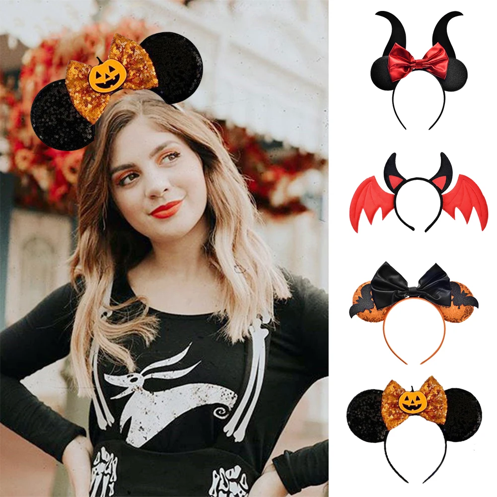 

2023 New Fashion Witch Ox Horn Pumpkin Bat Headband Sequin Bow Girl Adult Kids Halloween Party Cosplay Hair Accessories Hairband