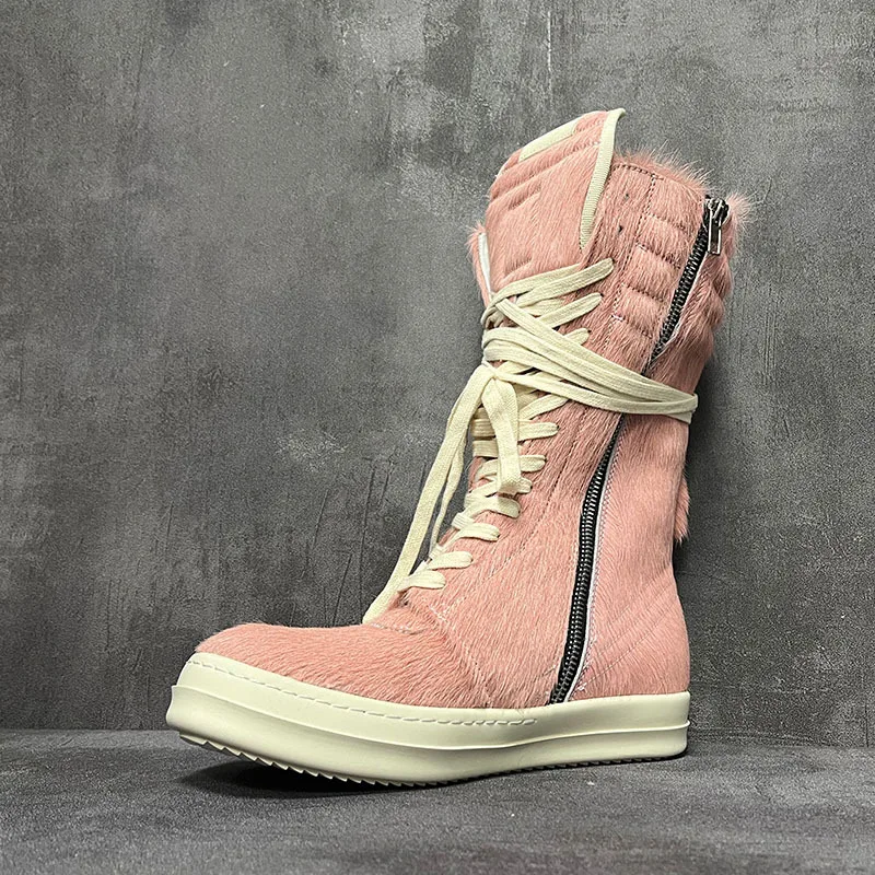 

Qvah Owens Men Women High Top Boots Casual Platform Sneakers Horsehair Leather Luxury Trainers Lace Up Zip Autumn Pink Shoes