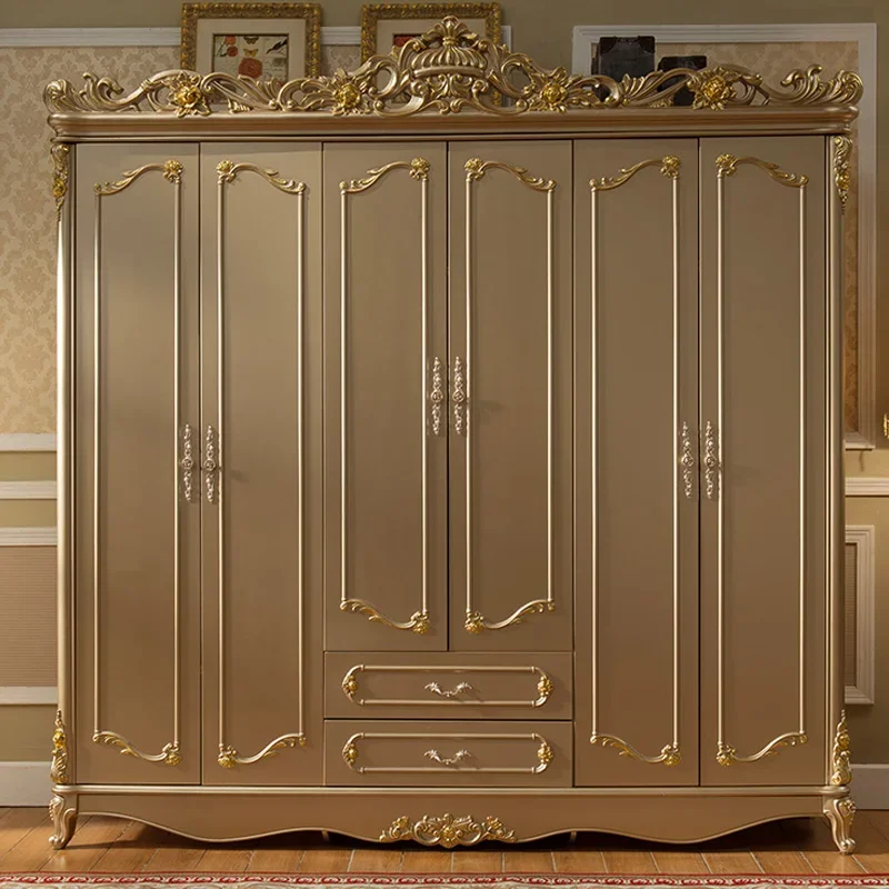 

European-Style Solid Wood Six-Door Wardrobe Champagne Gold Locker Storage Bedroom Furniture Assembly Wardrobe Luxury Carved