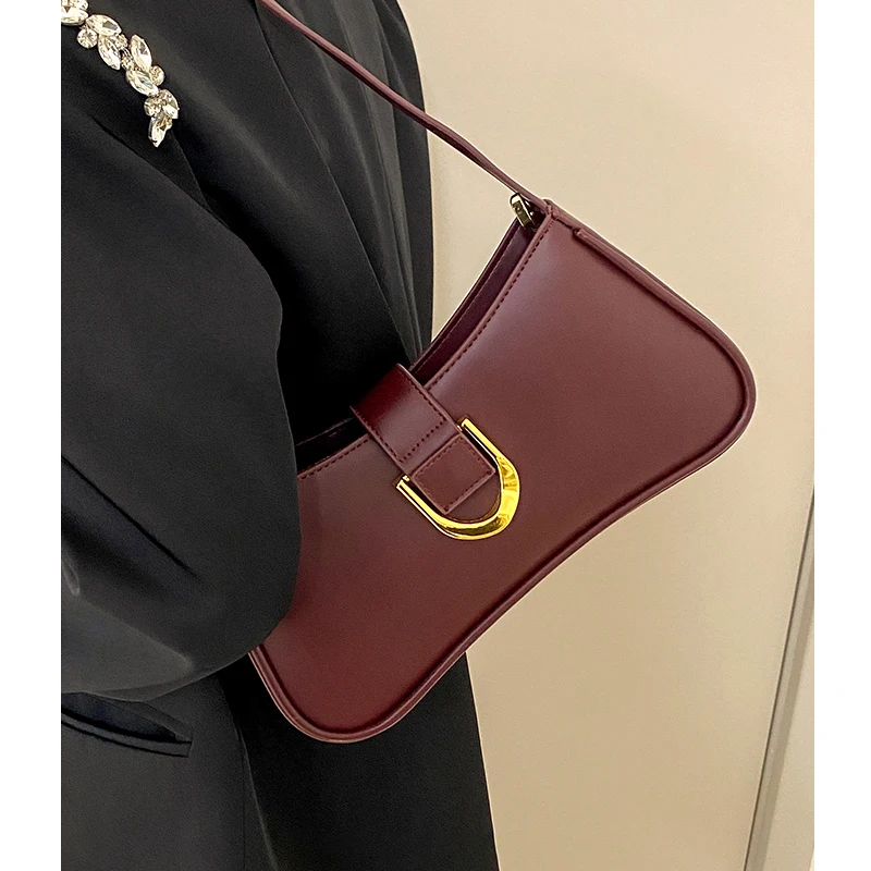 

Retro Wine Red Underarm Bag For Women 2024 Spring New Luxury Hasp PU Shoulder Bags Simple Solid Color Ladies Commuter Handlebags