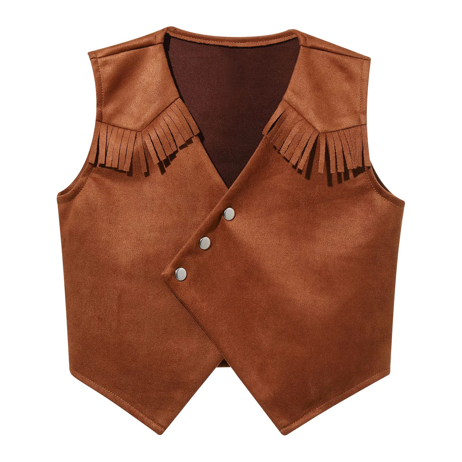 

Brown Kids Boys Western Cowboy Cosplay Costume Pointed Hem Press Buttons Fringe Tassels Vest for Theme Party Performance