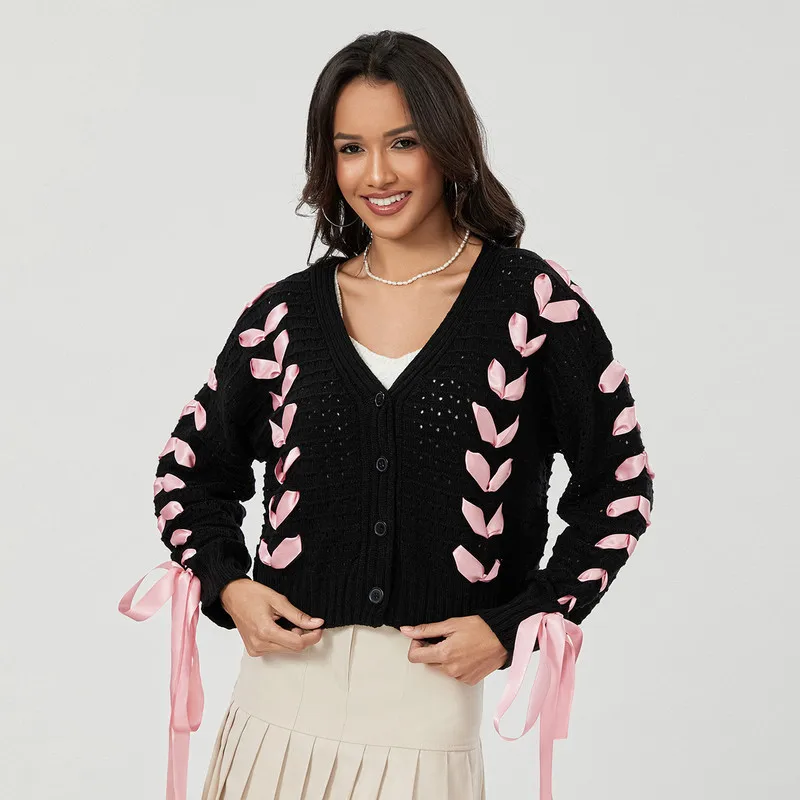 WPNAKS Women Sweet Tie Decor Knit Sweater Cropped Cardigan Fall Winter Clothes Contrast Color Long Sleeve V-Neck Button Sweater
WPNAKS Women Sweet Tie Decor Knit Sweater Cropped Cardigan Fall Winter Clothes Contrast Color Long Sleeve V-Neck Button Sweater