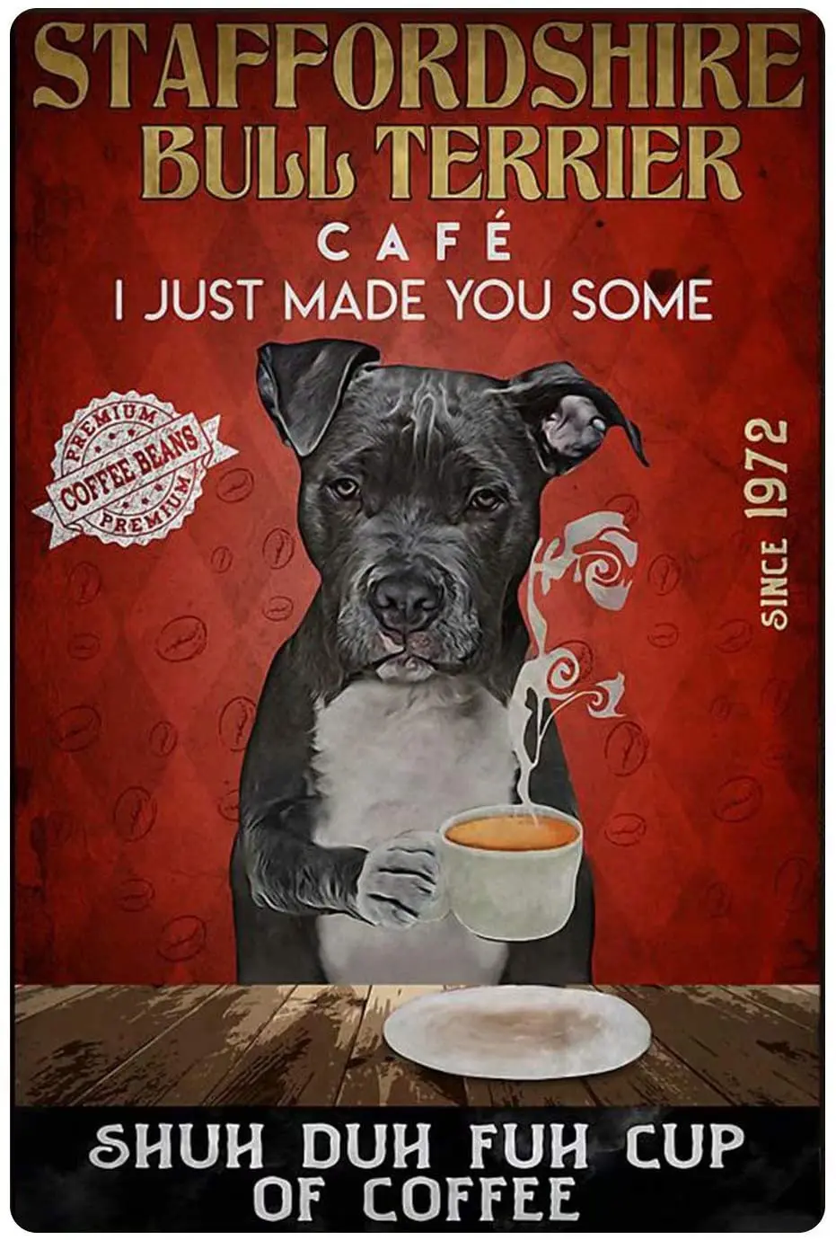 Funny Dog Tin Sign, Staffordshire Bull Terrier Drinking Coffee Poster, Cafe Art Wall Decoration Wall Art Decor Metal Sign 1
Funny Dog Tin Sign, Staffordshire Bull Terrier Drinking Coffee Poster, Cafe Art Wall Decoration Wall Art Decor Metal Sign 1