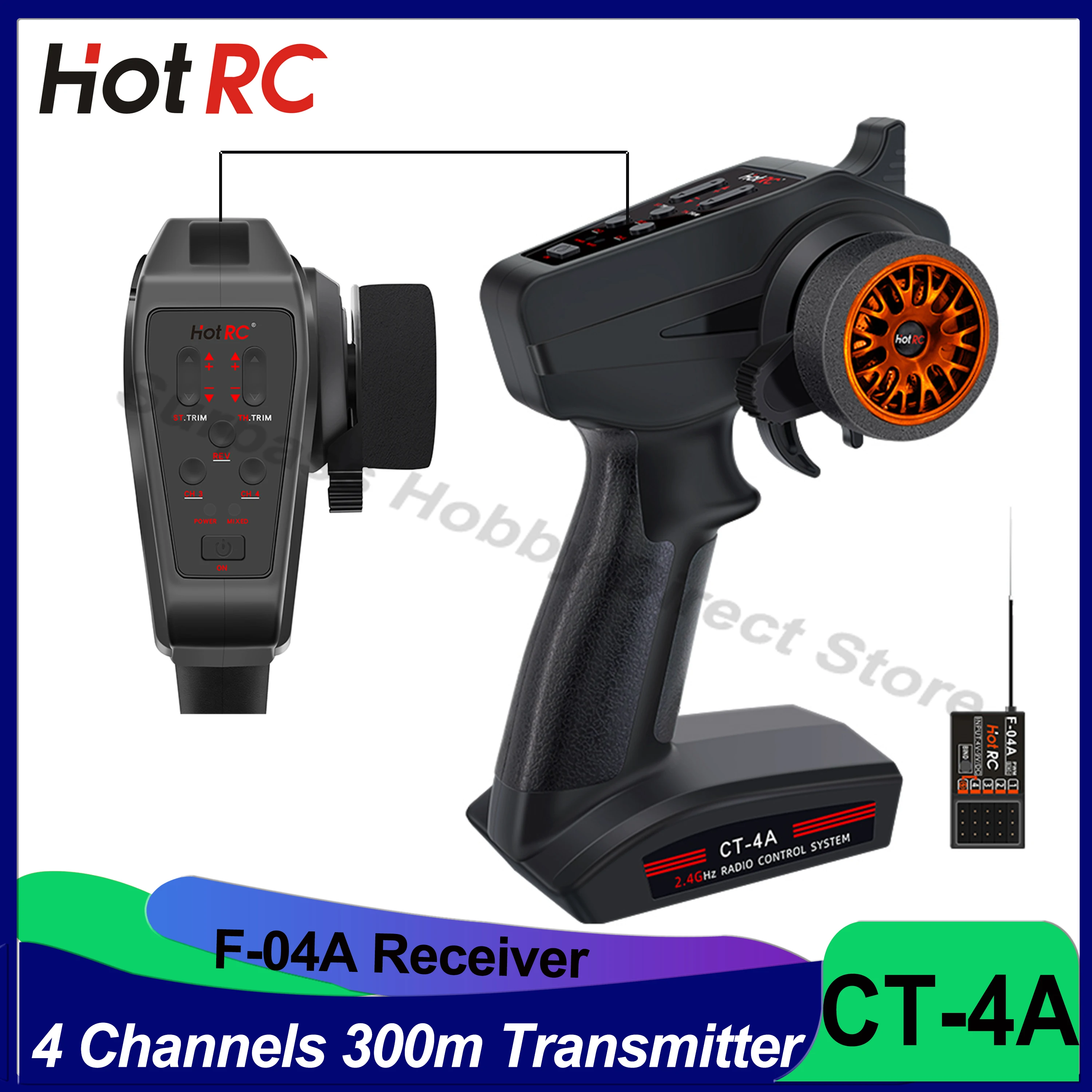 

HOTRC CT-4A 4CH 2.4GHZ 300m Distance 2S 4V-9V Transmitter with F-04A Receiver for RC Car Boat FHSS Radio Control System