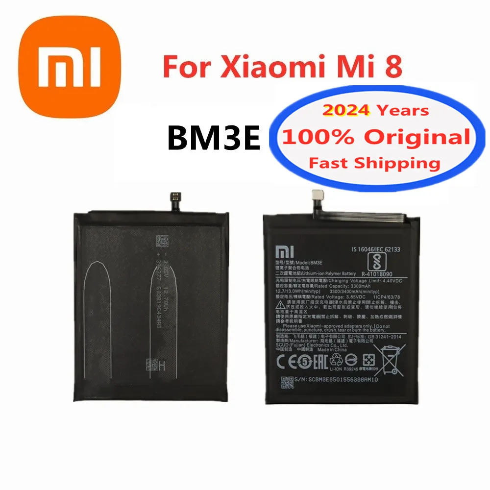

2024 Years Xiao mi 100% Orginal Battery BM3E For Xiaomi Mi 8 Mi8 M8 M 8 3400mAh High Quality Phone Replacement Battery Bateria