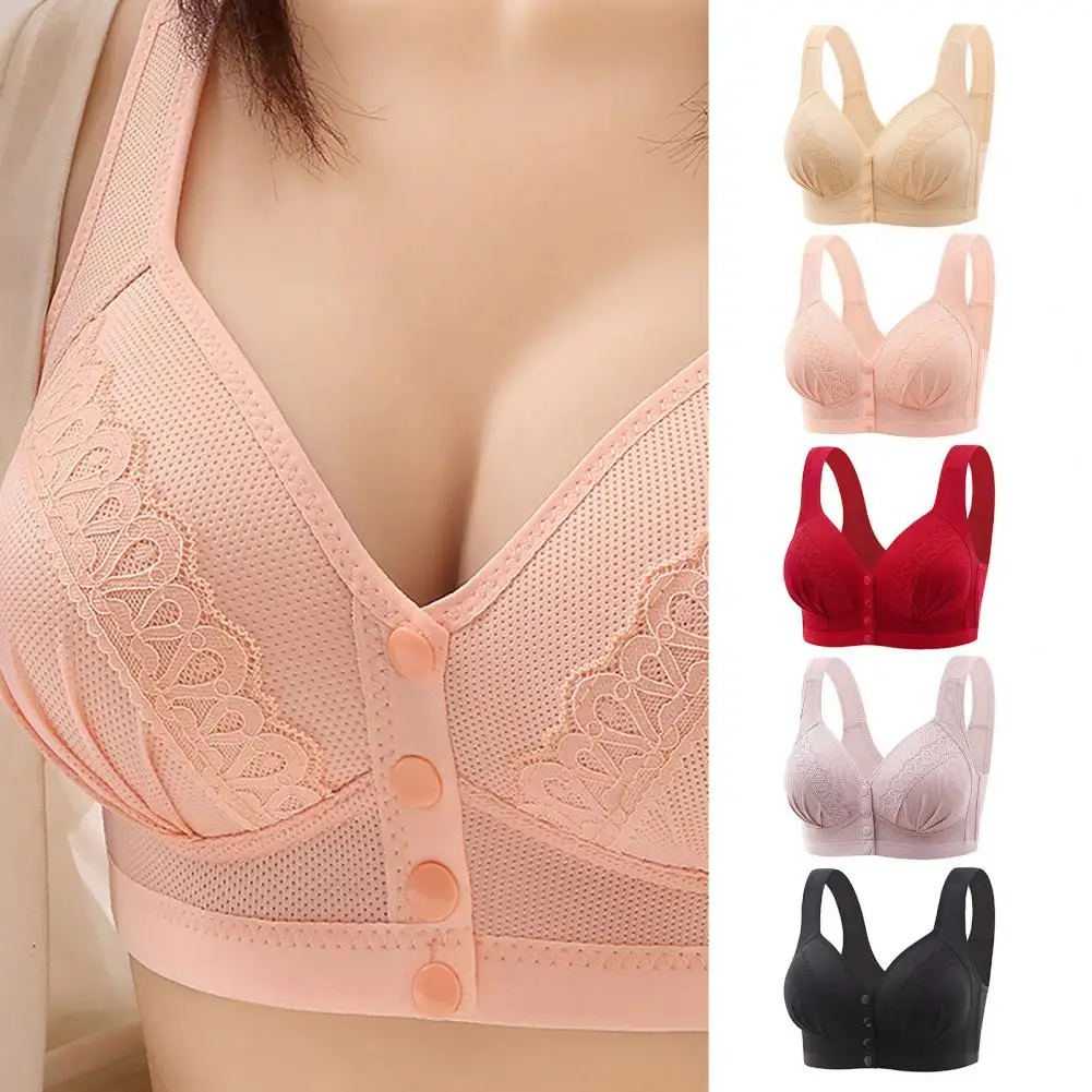 

Mid-aged Women Brassiere Wireless Front Button Closure Underwear Vest Style Lace Splicing Push-Up Seamless Bra