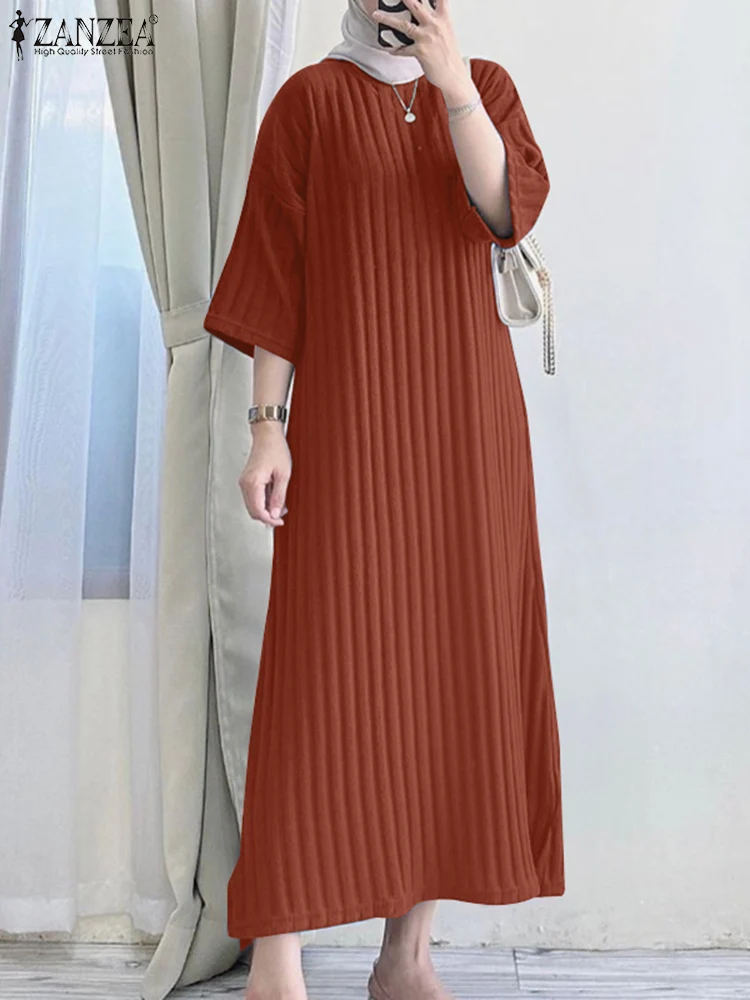 

ZANZEA Spring Maxi Dress Women Muslim Sundress Abaya Casual O Neck 3/4 Sleeve Vestido Kaftan Robe Femme Solid IsIamic Clothing