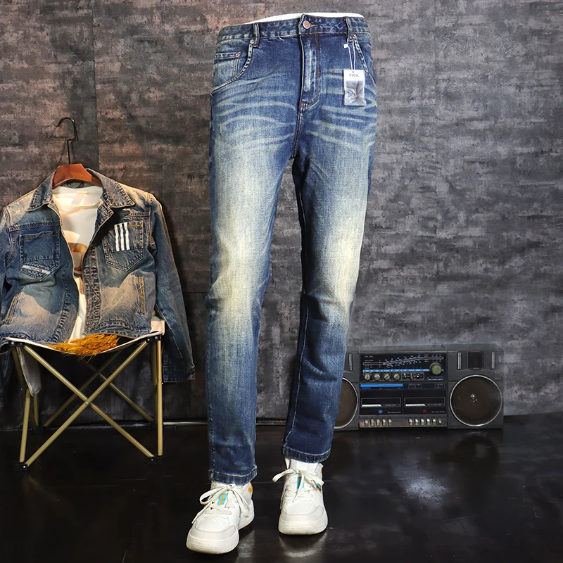 

Italian style high-quality fashionable men's jeans retro blue stretch slim fit slit jeans men's pants retro designer pants Hombr