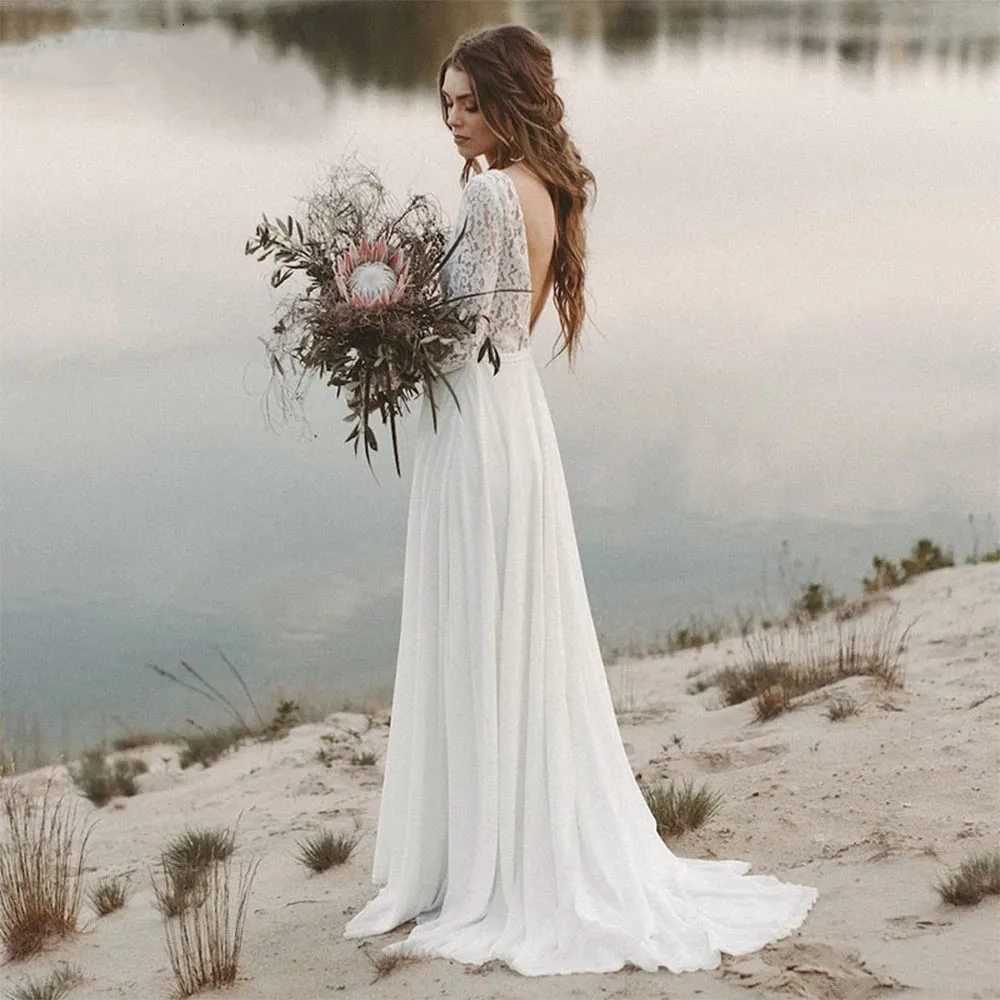 Long Sleeves Lace Chiffon Beach Boho Wedding Dresses for Women V Neck Open Back Bohemian Bridal Dress vestidos de novia
Long Sleeves Lace Chiffon Beach Boho Wedding Dresses for Women V Neck Open Back Bohemian Bridal Dress vestidos de novia