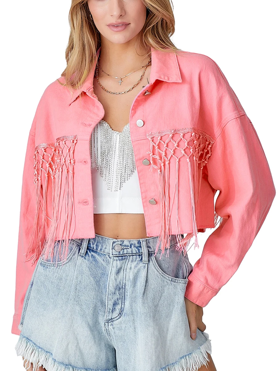 

Women s Oversized Distressed Denim Jacket with Fringe Detail and Ripped Sleeves - Stylish Long Sleeve Jean Coat for Outwear