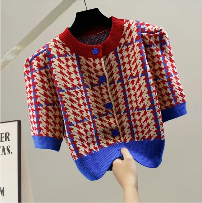 

Short Sleeve Houndstooth Cardigan Women's Sweater Color Matching Puff Sleeve Top Korean Style Cropped Knitwear 2024 Spring