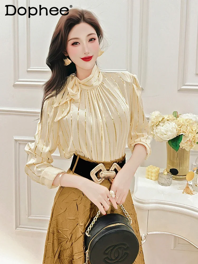 Fashionable Elegant Bronzing Striped Shirt Female 2023 Autumn New Commute Style Bow Stand-up Collar Long Sleeve Blouse Women
Fashionable Elegant Bronzing Striped Shirt Female 2023 Autumn New Commute Style Bow Stand-up Collar Long Sleeve Blouse Women