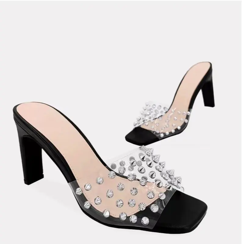 

Large Size High Heels Summer Women's Sandals Outside Wear Fashion Transparent Rivet Slippers Square Head Pumps Ladies Roman Shoe