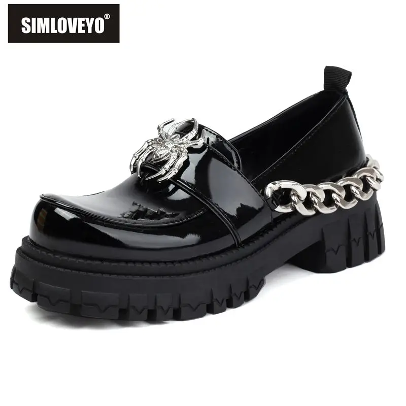 

SIMLOVEYO Luxury Women Pumps Round Toe Patent Leather Slip On Thick Heel 5cm Platform Metal Brogues Big Size 43 Leisure Shoes